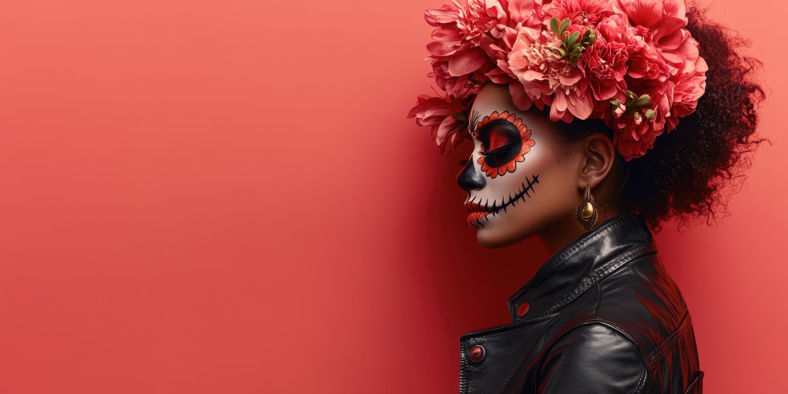 Unique celebration of cultural heritage featuring a woman with traditional face paint and flower crown